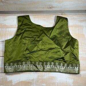 New Laher Boutique Womens Saree Blouse Green Silver Floral Scoop Neck‎ XS